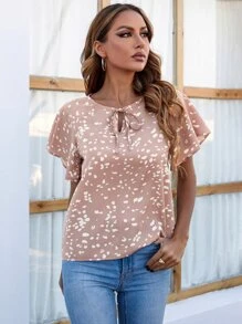 斑點印花繫帶領蝴蝶袖襯衫 - 藕粉色 - 查看 4