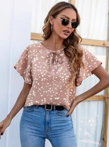 斑點印花繫帶領蝴蝶袖襯衫 - 藕粉色 - 查看 5