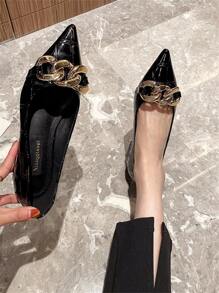 2025年秋季女士链条装饰鳄鱼压纹平底鞋，朋克尖头平底鞋 - 黑色 - 查看 2