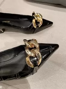 2025年秋季女士链条装饰鳄鱼压纹平底鞋，朋克尖头平底鞋 - 黑色 - 查看 3