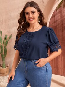 SHEIN Clasi 大碼拼接水溶蕾絲泡泡袖襯衫 - 藏蓝色 - 查看 3