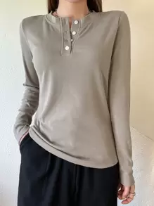 DAZY 四分之一纽扣罗纹针织 T 恤，秋季服装长袖女式上衣 - 灰色 - 查看 3