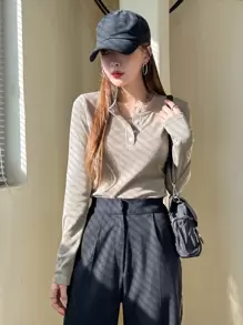 DAZY 四分之一纽扣罗纹针织 T 恤，秋季服装长袖女式上衣 - 灰色 - 查看 4