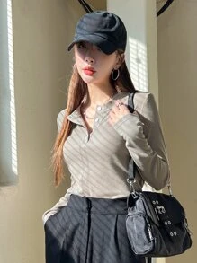 DAZY 四分之一纽扣罗纹针织 T 恤，秋季服装长袖女式上衣 - 灰色 - 查看 5