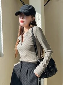 DAZY 四分之一纽扣罗纹针织 T 恤，秋季服装长袖女式上衣 - 灰色 - 查看 6