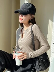 DAZY 四分之一纽扣罗纹针织 T 恤，秋季服装长袖女式上衣 - 灰色 - 查看 7