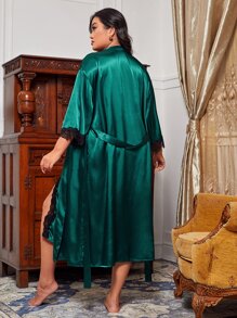 大碼蕾絲邊高開叉緞面睡裙和附腰帶睡袍