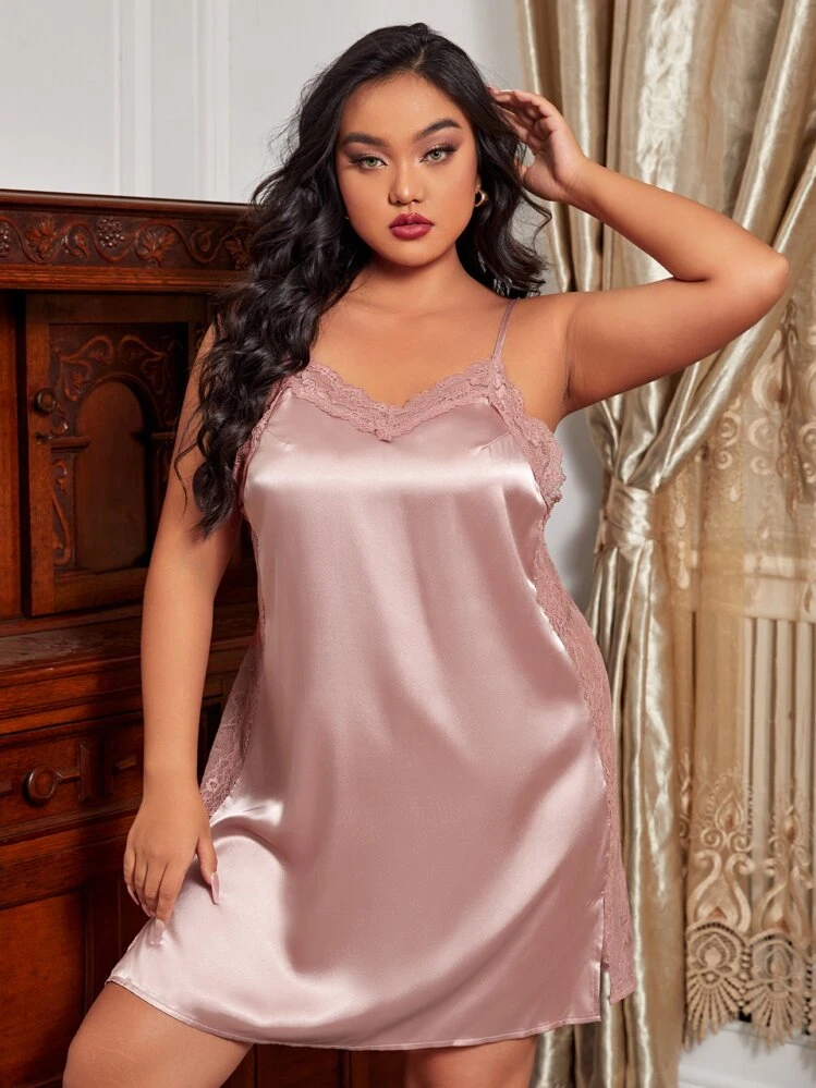 satin lace contrast lace cut out back cami dress Plus Contrast Lace Backless Split Hem Satin Cami Night Dress