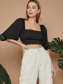 SHEIN VCAY Lantern Sleeve Tied Backless Crop Top - Black - View 3