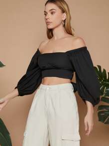 SHEIN VCAY Lantern Sleeve Tied Backless Crop Top - Black - View 4