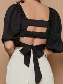 SHEIN VCAY Lantern Sleeve Tied Backless Crop Top - Black - View 5