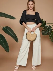 SHEIN VCAY Lantern Sleeve Tied Backless Crop Top - Black - View 6