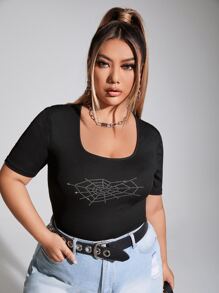 Plus Rhinestone Spider Web Pattern Tee - Black - View 1