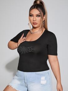 Plus Rhinestone Spider Web Pattern Tee - Black - View 3