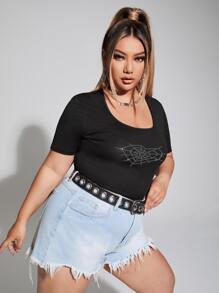 Plus Rhinestone Spider Web Pattern Tee - Black - View 5
