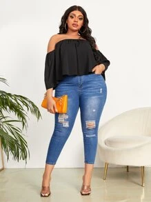 Slaydiva Áo sơ mi Plus Size Lộ Lưng Xù màu trơn Giải trí - màu đen - Xem 5