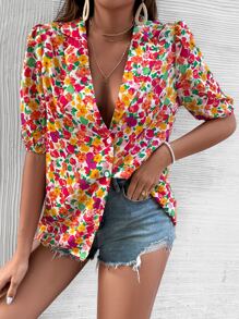 Breezaya Allover Floral Print Puff Sleeve Shirt - Multicolor - View 6
