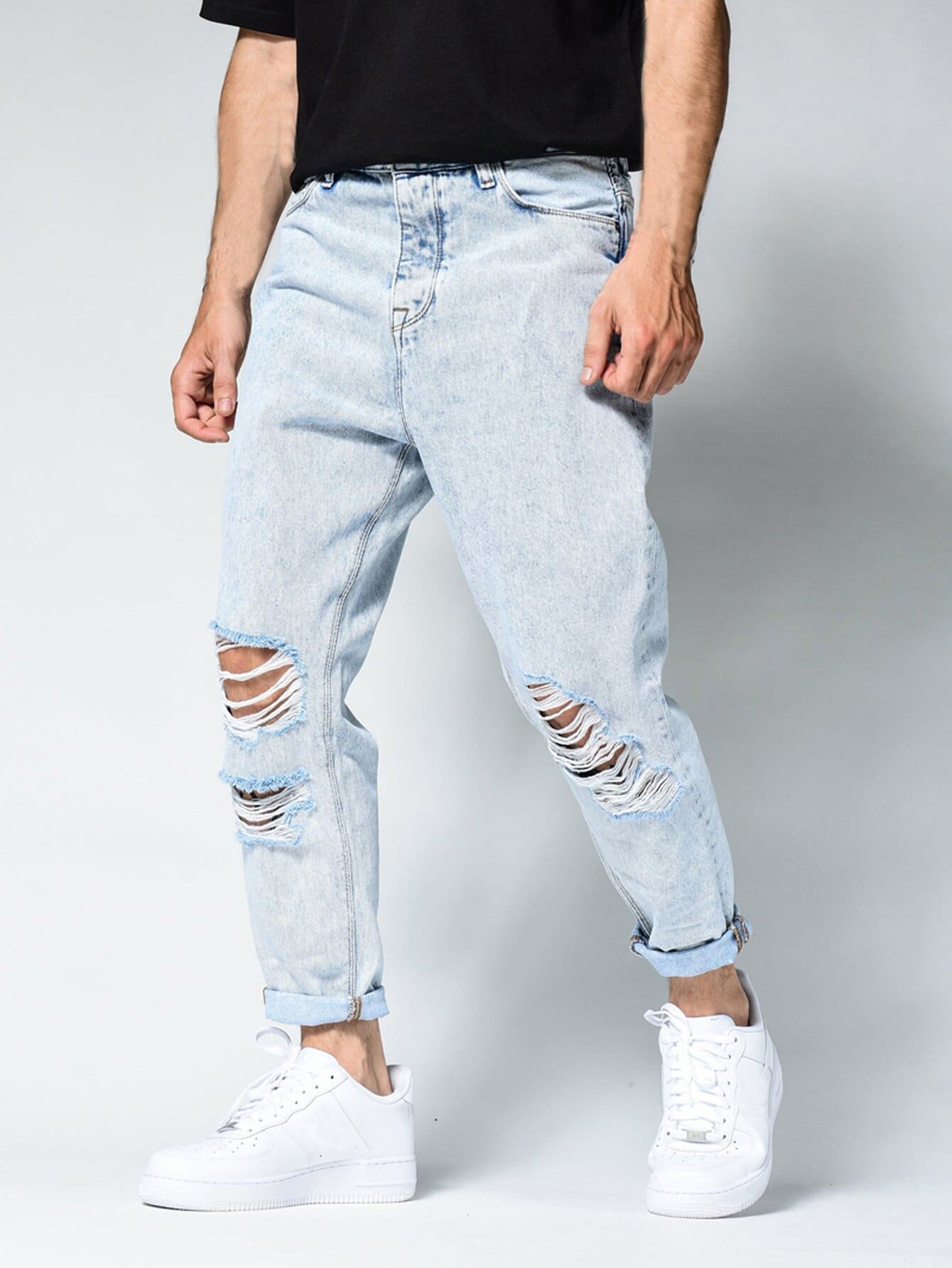 ROMWE Guys Ripped Cuffed Jeans | SHEIN ASIA