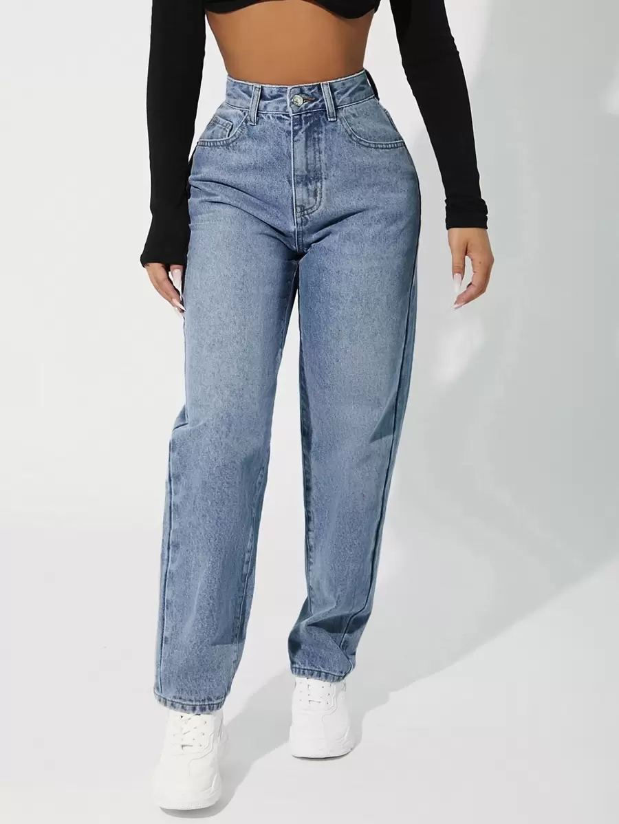 SHEIN PETITE 女式简约纯色休闲牛仔裤 - 藍色 - 查看 1