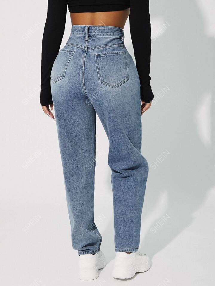 SHEIN PETITE High Waisted Zip Up Mom Fit Jeans | SHEIN