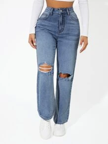 SHEIN PETITE Jeans desgarro de talle alto - Lavado ligero - Ver 1