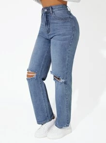 SHEIN PETITE Jeans desgarro de talle alto - Lavado ligero - Ver 3