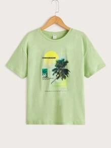 SHEIN Tops con trai Nhiệt đới Slogan Giải trí - Màu xanh chanh - Xem 1