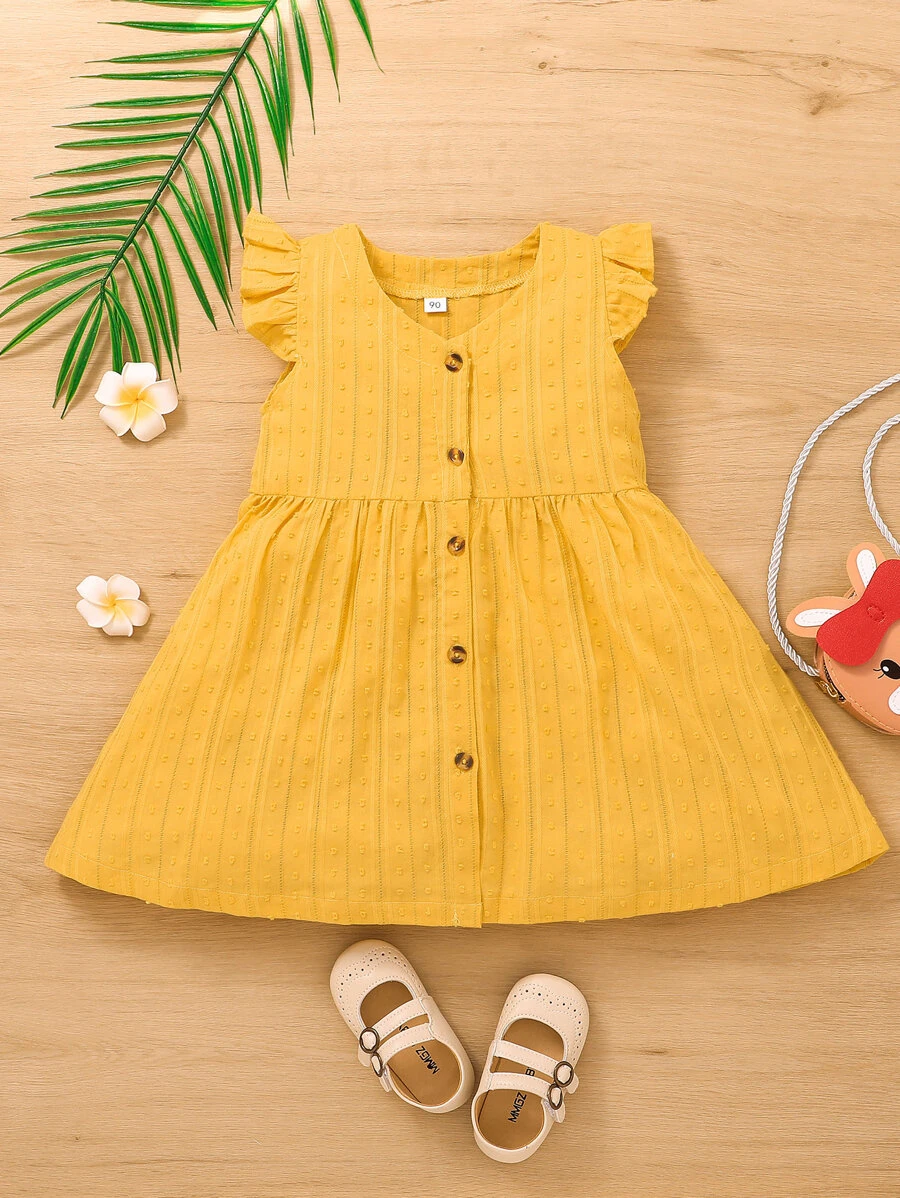 Toddler Girls Swiss Dot Ruffle Sleeve Button Front Dress