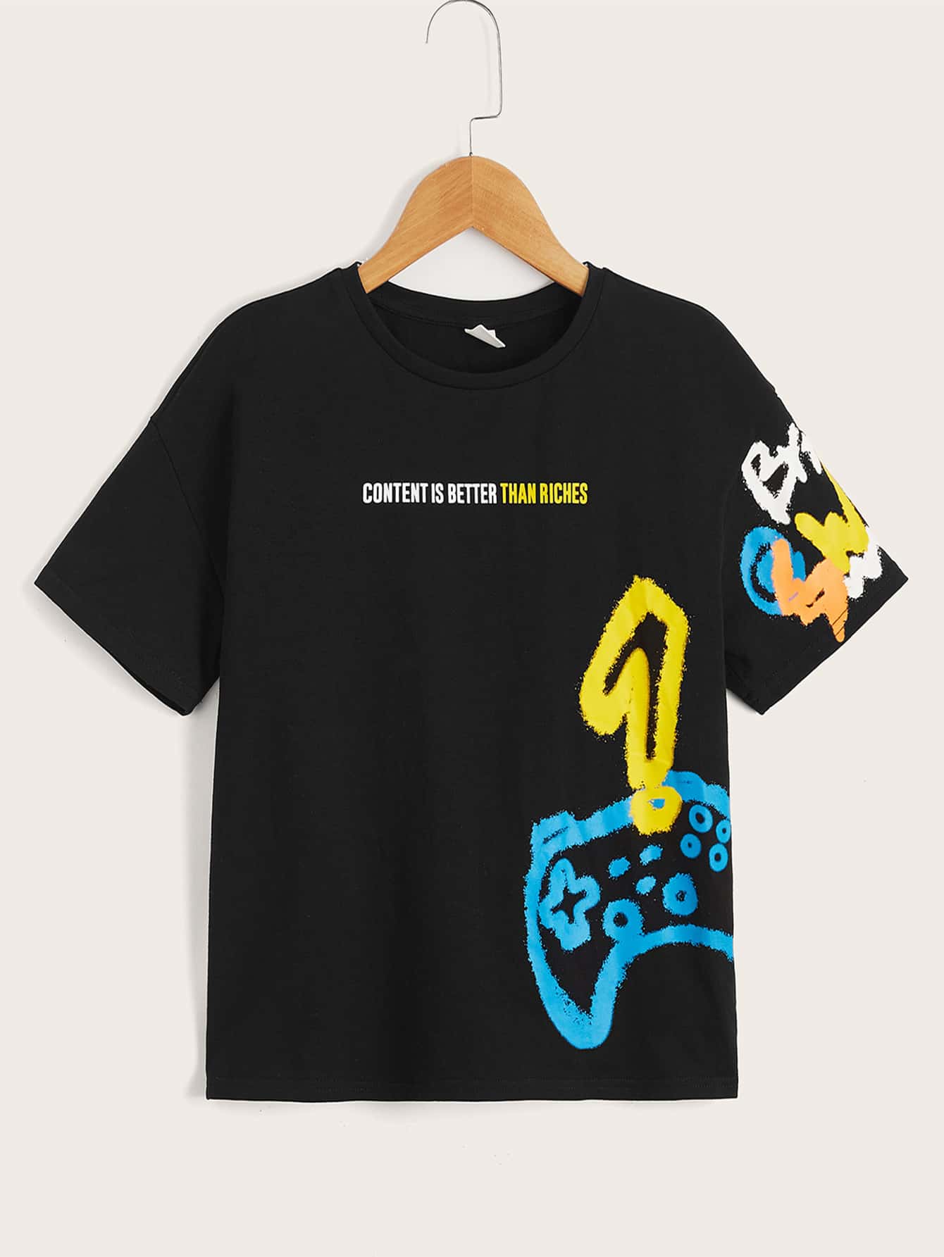 SHEIN Boys Slogan & Graphic Print Drop Shoulder Tee - Black - View 1