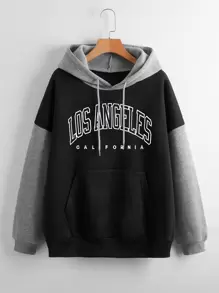 INAWLY Letter Graphic Colourblock Drop Shoulder Kangaroo Pocket Drawstring Thermal Hoodie - Black - View 1