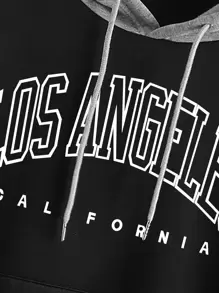 INAWLY Letter Graphic Colourblock Drop Shoulder Kangaroo Pocket Drawstring Thermal Hoodie - Black - View 5