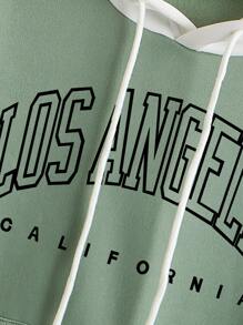 SHEIN EZwear Two Tone Letter Graphic Kangaroo Pocket Drawstring Thermal Hoodie - Green - View 4