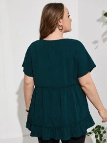 EMERY ROSE 大碼大圓領褶邊花邊下擺上衣 - 墨綠色 - 查看 2