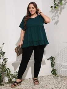 EMERY ROSE 大碼大圓領褶邊花邊下擺上衣 - 墨綠色 - 查看 3