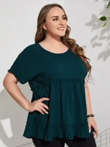 EMERY ROSE 大碼大圓領褶邊花邊下擺上衣 - 墨綠色 - 查看 4