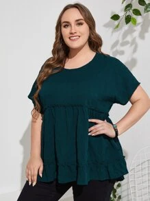 EMERY ROSE 大碼大圓領褶邊花邊下擺上衣 - 墨綠色 - 查看 5