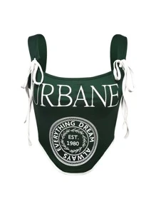 SHEIN Unity 90s Letter & Logo Print Tie Front Crop Tank Top - Dark Green - View 1