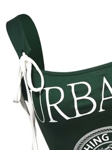 SHEIN Unity 90s Letter & Logo Print Tie Front Crop Tank Top - Dark Green - View 3