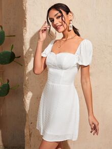 SHEIN Đầm Lộ Lưng Dây kéo màu trơn Boho - trắng - Xem 4