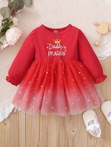 Đầm em bé Tương phản Mesh Xù Tim Lá thư Hấp dẫn - Đỏ - Xem 3