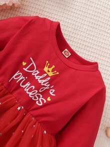 Đầm em bé Tương phản Mesh Xù Tim Lá thư Hấp dẫn - Đỏ - Xem 4