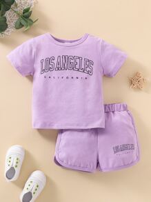 Baby Letter Graphic Tee With Track Shorts - Lilac Purple - View 1