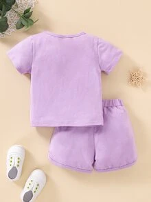 Baby Letter Graphic Tee With Track Shorts - Lilac Purple - View 2