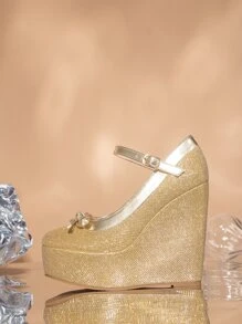 蝴蝶結裝飾金屬亮絲踝帶淺口坡跟鞋