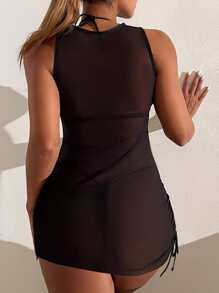 SHEIN Swim 夏日海滩网眼抽绳侧罩衫 - 黑色 - 查看 2