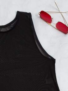 SHEIN Swim 夏日海滩网眼抽绳侧罩衫 - 黑色 - 查看 4