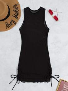 SHEIN Swim 夏日海滩网眼抽绳侧罩衫 - 黑色 - 查看 5