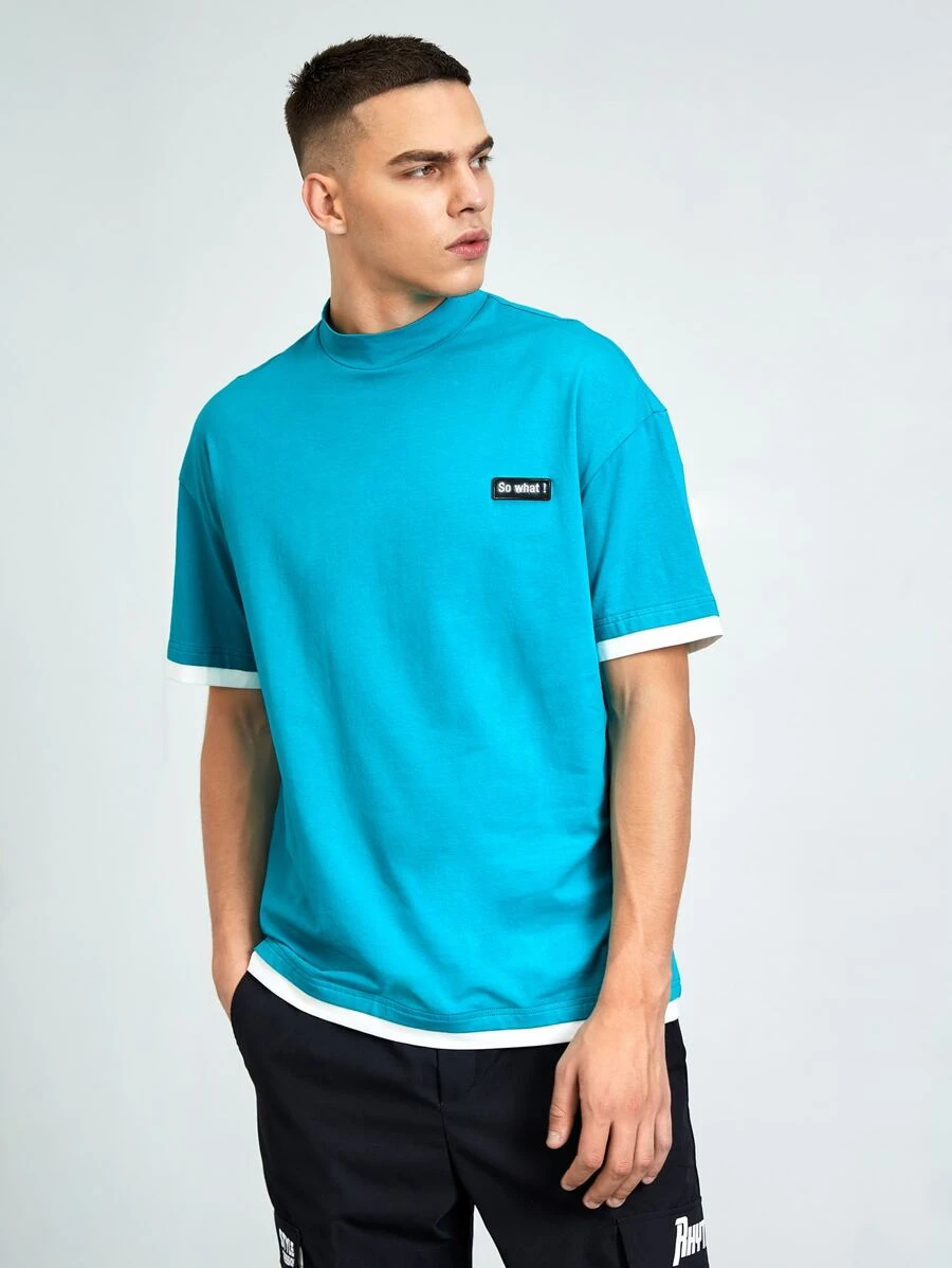 GENTILAND Loose Men Patched Detail 2 In 1 Short Sleeve Casual T-Shirt - Mint Blue - View 1