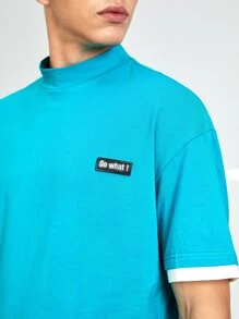 GENTILAND Loose Men Patched Detail 2 In 1 Short Sleeve Casual T-Shirt - Mint Blue - View 3
