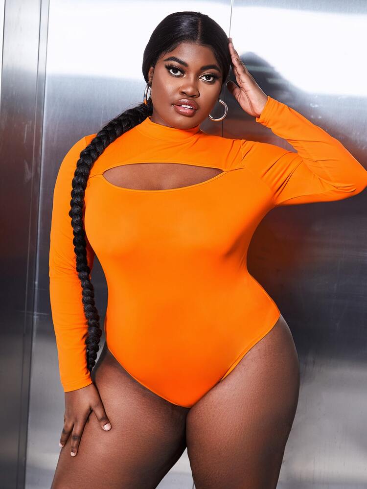 SHEIN SXY Plus Neon Orange Mock Neck Cut-out Skinny Bodysuit | SHEIN